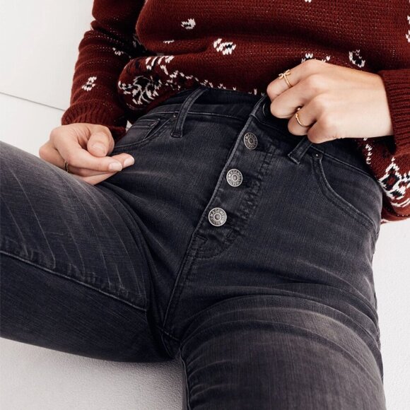 Madewell Cali Demi Boot Black Charcoal Wash Denim Jeans Step Hem Button Fly - Picture 9 of 9